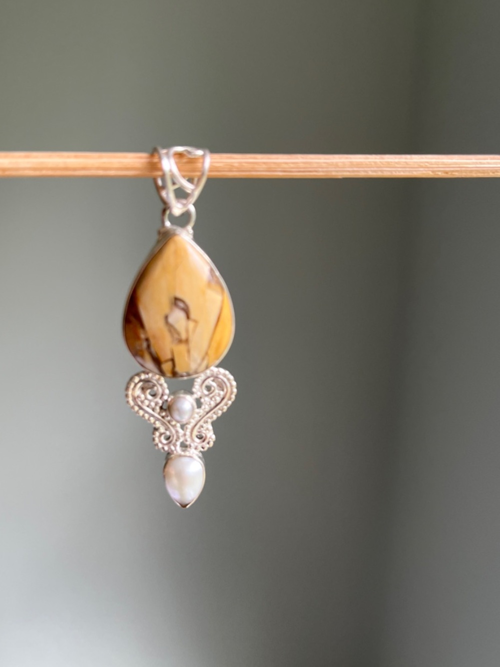 Yellow Teardrop Jasper and Pearl Sterling Pendant